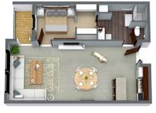A top-down view of a living room with a couch, coffee table, and a dog.