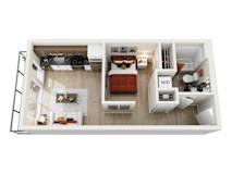 A top-down view of a modern studio apartment home at ION Queen Anne with a living room, kitchen, and bathroom.