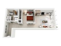 A top-down view of a modern studio apartment home at ION Queen Anne with a living room, kitchen, and bathroom.