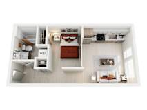 A top-down view of a modern, studio apartment home at ION Queen Anne with a bed, a desk, and a couch.