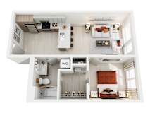A top-down view of a modern apartment home at ION Queen Anne with bedroom, living room, kitchen, bathroom, and closet