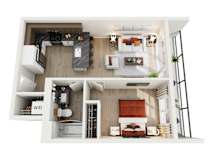 A top-down view of a modern apartment layout.