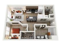 A top-down view of a modern apartment home at ION Queen Anne with bedroom, living room, kitchen, bathroom, and closet