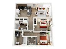 A top-down view of a modern apartment home at ION Queen Anne with 2 bedrooms, living room, kitchen, 2 bathrooms, and closets