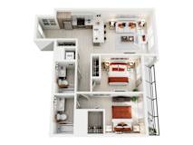 A top-down view of a modern apartment home at ION Queen Anne with 2 bedrooms, living room, kitchen, 2 bathrooms, and closets