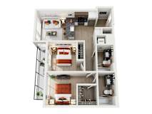 A top-down view of a modern apartment home at ION Queen Anne with 2 bedrooms, living room, kitchen, 2 bathrooms, and closets