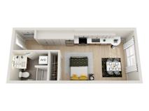 A top down view of a small apartment with a kitchen, living room and bathroom.
