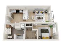 A top-down view of a small apartment with a kitchen, living room, and bathroom.