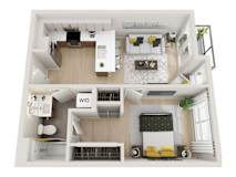 A top-down view of a small apartment with a living room, kitchen, and bathroom.