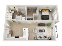 A top-down view of a well-organized apartment with a living room, kitchen, and bedroom.