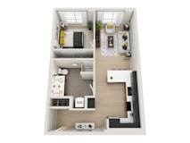 A top-down view of a small apartment with a living room, kitchen, and bedroom.