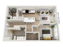 A top-down view of a modern apartment layout with a living room, kitchen, and two bedrooms.