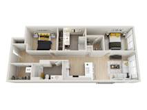 A floor plan of a house with two bedrooms, a living room, a kitchen, and a bathroom.