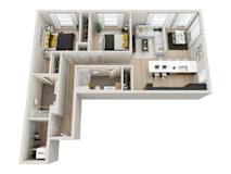 A floor plan of a house with a kitchen, living room, and bathrooms.