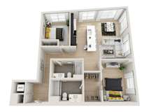 A 3D floor plan of a house with a living room, kitchen, and bathroom.