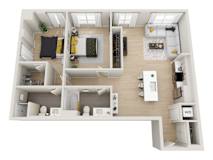 A top-down view of a small apartment with a kitchen, living room, and bathroom.