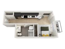 A floor plan of a small apartment with a kitchen, living room, and bathroom.