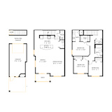 A set of three floor plans for a house with a detached garage, a kitchen, and a living room.