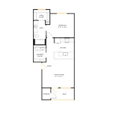A floor plan of a house with a living room, kitchen, bathroom, and bedroom.