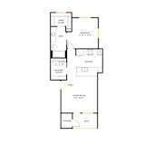 A floor plan of a house with a large closet, bath, kitchen, living room, and laundry/pantry.
