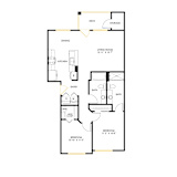 A floor plan of a house with a living room, dining room, kitchen, two bathrooms, a large closet, and two bedrooms.