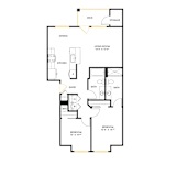 A floor plan of a house with a living room, dining room, kitchen, two bathrooms, and two bedrooms.