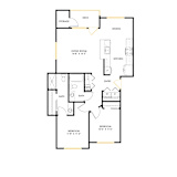 A floor plan of a house with a living room, dining room, kitchen, two bathrooms, a deck, and two bedrooms.
