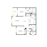 A floor plan of a house with a large bedroom, a living room, a kitchen, a dining room, a bathroom, and a storage area.