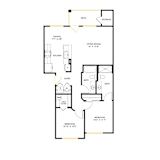 A floor plan of a small apartment with a kitchen, living room, and bedroom.