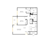 A floor plan of a house with a living room, two bedrooms, a bathroom, a kitchen, a dining area, an entry point, and storage.