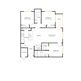 A floor plan of a house with a living room, two bedrooms, a dining room, a kitchen, a large closet, and storage.