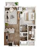 A top-down view of a modern apartment layout with a kitchen, living room, and bathroom.