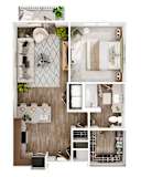 A series of images showing different views of a Millennium Place's A3 floor plan with a bedroom, living room, bathroom, kitchen, and balcony