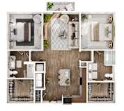 A series of images showing different layouts of a kitchen, living room, and bathroom.