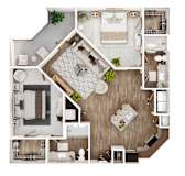 A top-down view of a house layout with a kitchen, living room, dining area, and bathroom.