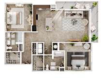 A floor plan of a house with a kitchen, living room, dining room, and bathrooms.
