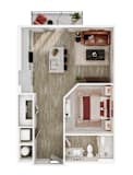 A top-down view of a small apartment with a kitchen, living room, and bathroom.