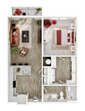 A top-down view of a modern apartment layout with a living room, kitchen, and bathroom.