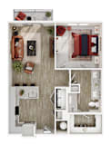 A top-down view of a modern apartment layout with a kitchen, living room, and bedroom.