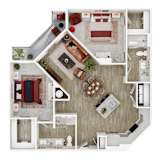 A top-down view of a house layout with a living room, dining area, kitchen, and bedrooms.
