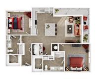 A top-down view of a living room, kitchen, and dining area.