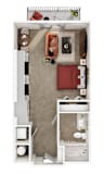 A top-down view of a small, neatly organized apartment with a bed, a couch, a desk, and a kitchenette.