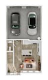 A top-down view of a house with two cars parked in the garage.