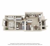 A 3D floor plan of a house with a kitchen, living room, and dining area.
