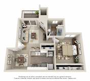 A 3D floor plan of a house with multiple rooms and furniture.