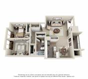 A 3D floor plan of a house with multiple rooms and furniture.