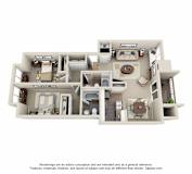 A 3D floor plan of a house with a kitchen, living room, and bedrooms.