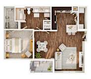 A top-down view of a small apartment layout with a kitchen, living room, and bathroom.