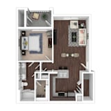 A 3D floor plan of a small apartment with a kitchen, living room, and bathroom.