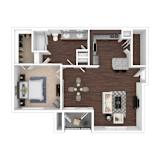 A top-down view of a house layout with a living room, dining room, kitchen, and bedrooms.